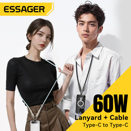 (Bundle)🔥Buy 1 Get 1 Free – Today Only!🔥Essager 2 in 1 60W USB-C to Type-C Lanyard Data Cable 3A PD Fast Charging For iPhone 16 15 Samsung Huawei Laptops Anti-lost Rope