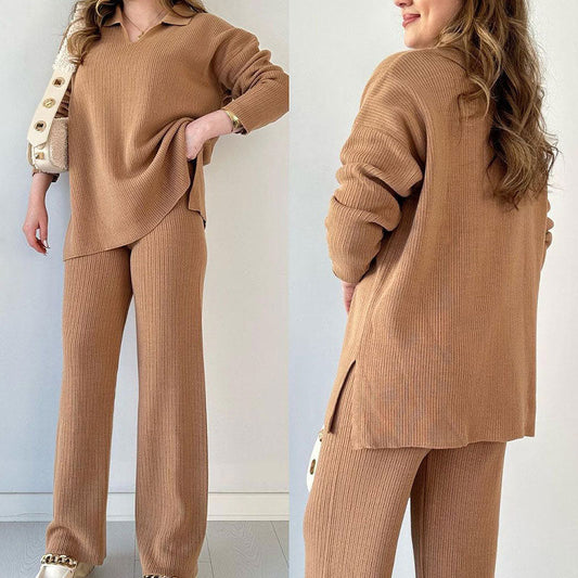 🍂Nur für kurze Zeit 50 % RABATT🍂Lässiges zweiteiliges Strickset mit V-Ausschnitt und Schlitz ✈️ Kostenloser Versand