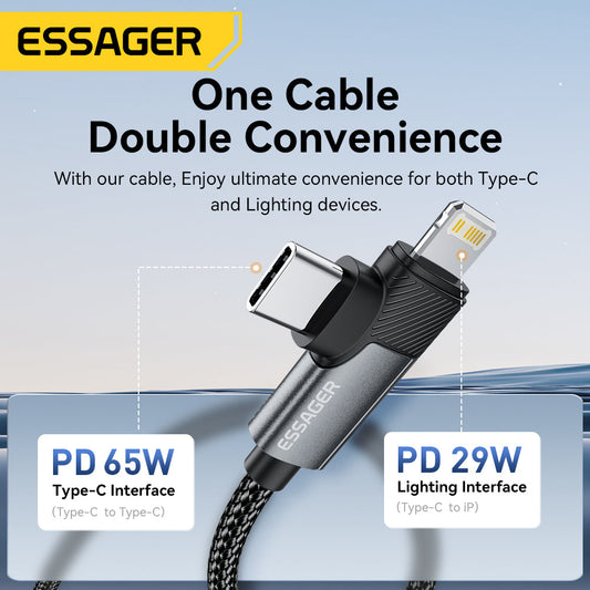 (Bundle)Essager 2-Piece Fast Charging Cable Bundle 2 in 1 USB Type C Cable 65W PD Fast Charging Wire Type C To Lightning Cable For iPhone 15 14 Pro Max MacBook iPad Xiaomi