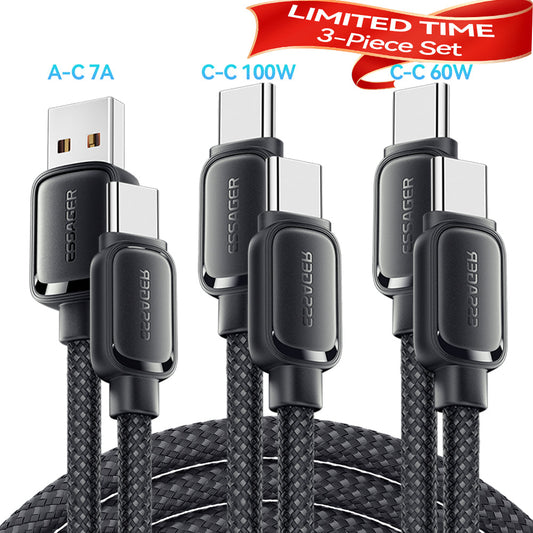 (Bundle)Essager 3-Piece Fast Charging Cable Bundle 100W Magnetic C-C + 60W Anti-Winding C-C + 7A A-C Compatible with Samsung/Huawei/Xiaomi/Lenovo/MacBook