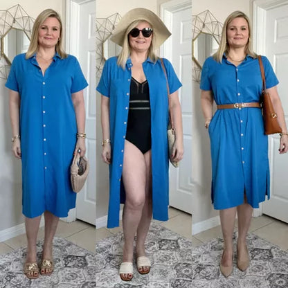 ✨KAUFE 2 – KOSTENLOSER VERSAND✨Kurzärmeliges Damen-Hemdblusenkleid mit Knopfleiste