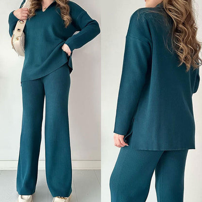 🍂Nur für kurze Zeit 50 % RABATT🍂Lässiges zweiteiliges Strickset mit V-Ausschnitt und Schlitz ✈️ Kostenloser Versand