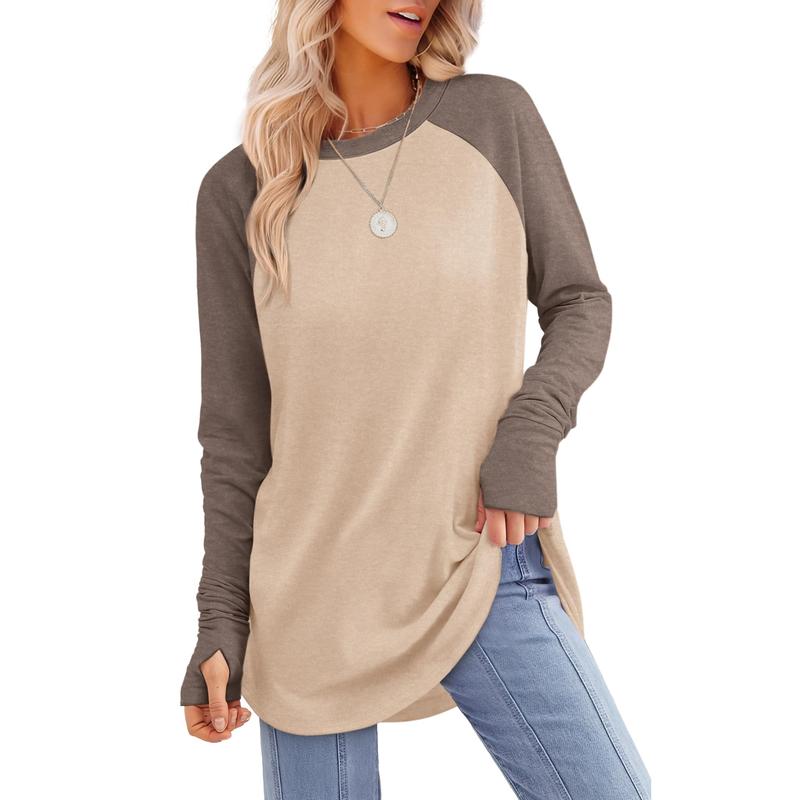 ✨Bestseller-50% RABATT💐Legeres Damen-Langarmshirt mit Rundhalsausschnitt, Daumenlöchern und abgerundetem Saum