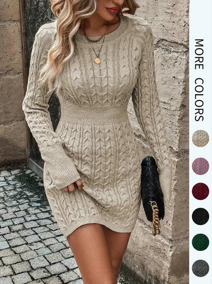 ⏰💃Letzter Tag: 50 % RABATT❄️🖤Einfarbiges, figurbetontes Damen-Winterkleid aus Strick mit Rundhalsausschnitt und Zopfmuster