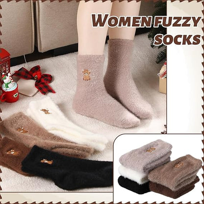 🎁Neujahrs-Sonderangebot für 9,99 £!!⚡1 kaufen, 3 Paar erhalten⚡Über 50.000 verkauft!💖Kuschelige, warme Plüschsocken für Damen mit niedlicher Highland-Cow-Stickerei