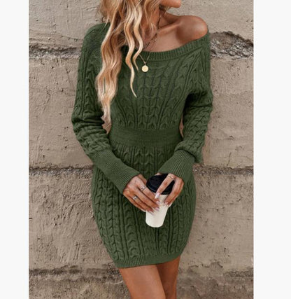 ⏰💃Letzter Tag: 50 % RABATT❄️🖤Einfarbiges, figurbetontes Damen-Winterkleid aus Strick mit Rundhalsausschnitt und Zopfmuster