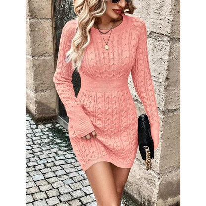 ⏰💃Letzter Tag: 50 % RABATT❄️🖤Einfarbiges, figurbetontes Damen-Winterkleid aus Strick mit Rundhalsausschnitt und Zopfmuster