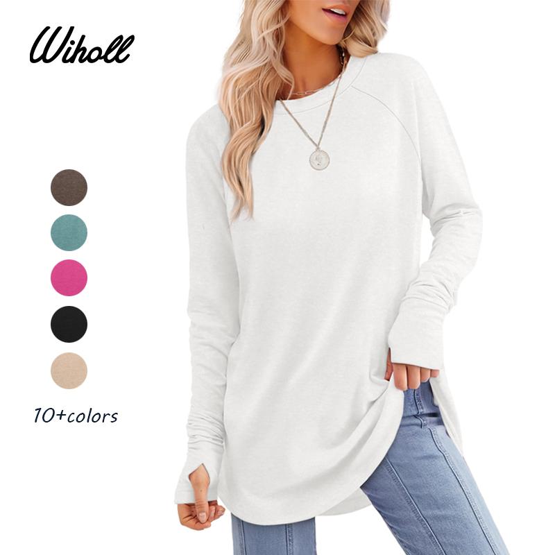 ✨Bestseller-50% RABATT💐Legeres Damen-Langarmshirt mit Rundhalsausschnitt, Daumenlöchern und abgerundetem Saum