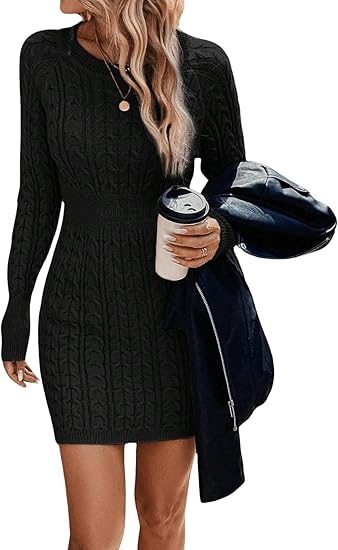 ⏰💃Letzter Tag: 50 % RABATT❄️🖤Einfarbiges, figurbetontes Damen-Winterkleid aus Strick mit Rundhalsausschnitt und Zopfmuster