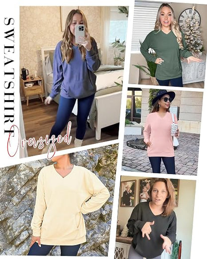 💖Herbst-Sale 2026: 70 % Rabatt✨🍂 Damen-Sweatshirt ohne Kapuze mit V-Ausschnitt, Kängurutasche und langen Ärmeln, locker geschnitten im lässigen Stil