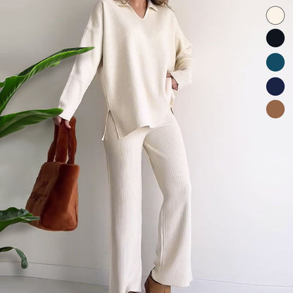 🍂Nur für kurze Zeit 50 % RABATT🍂Lässiges zweiteiliges Strickset mit V-Ausschnitt und Schlitz ✈️ Kostenloser Versand
