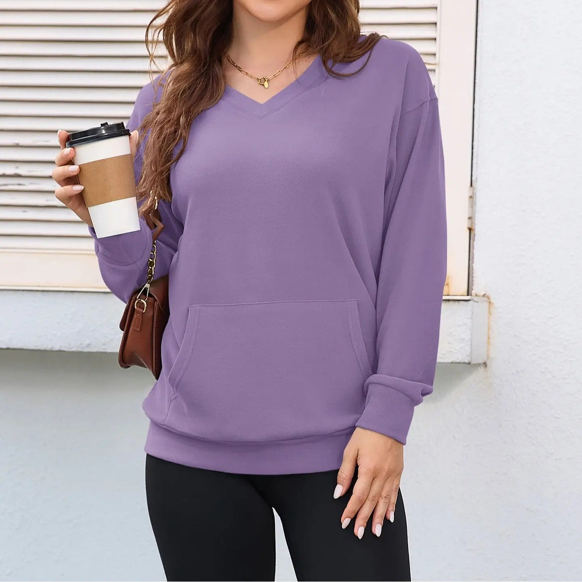 💖Herbst-Sale 2026: 70 % Rabatt✨🍂 Damen-Sweatshirt ohne Kapuze mit V-Ausschnitt, Kängurutasche und langen Ärmeln, locker geschnitten im lässigen Stil