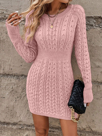 ⏰💃Letzter Tag: 50 % RABATT❄️🖤Einfarbiges, figurbetontes Damen-Winterkleid aus Strick mit Rundhalsausschnitt und Zopfmuster