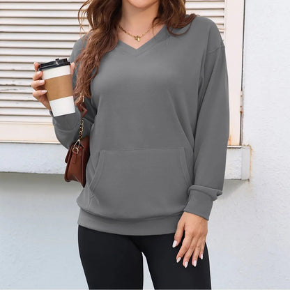💖Herbst-Sale 2026: 70 % Rabatt✨🍂 Damen-Sweatshirt ohne Kapuze mit V-Ausschnitt, Kängurutasche und langen Ärmeln, locker geschnitten im lässigen Stil