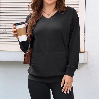 💖Herbst-Sale 2026: 70 % Rabatt✨🍂 Damen-Sweatshirt ohne Kapuze mit V-Ausschnitt, Kängurutasche und langen Ärmeln, locker geschnitten im lässigen Stil