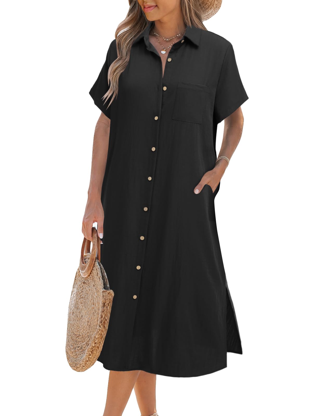 ✨KAUFE 2 – KOSTENLOSER VERSAND✨Kurzärmeliges Damen-Hemdblusenkleid mit Knopfleiste