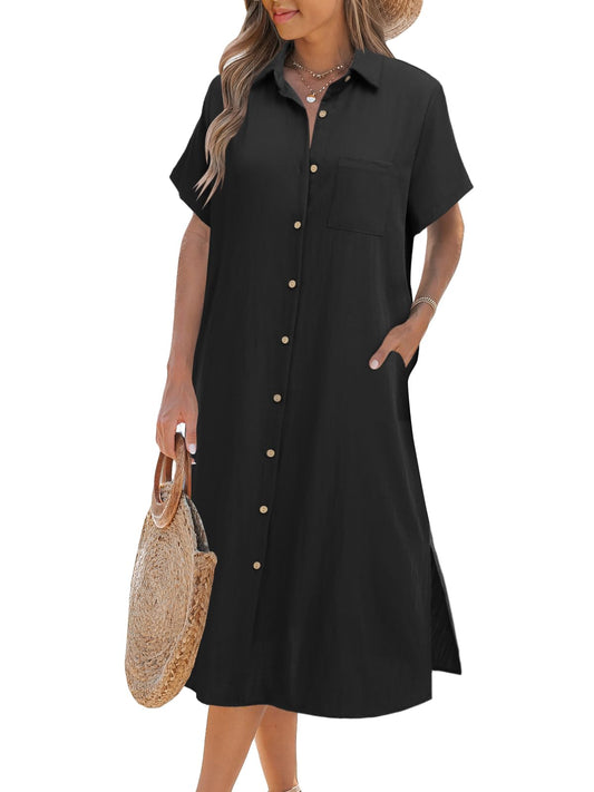 ✨KAUFE 2 – KOSTENLOSER VERSAND✨Kurzärmeliges Damen-Hemdblusenkleid mit Knopfleiste