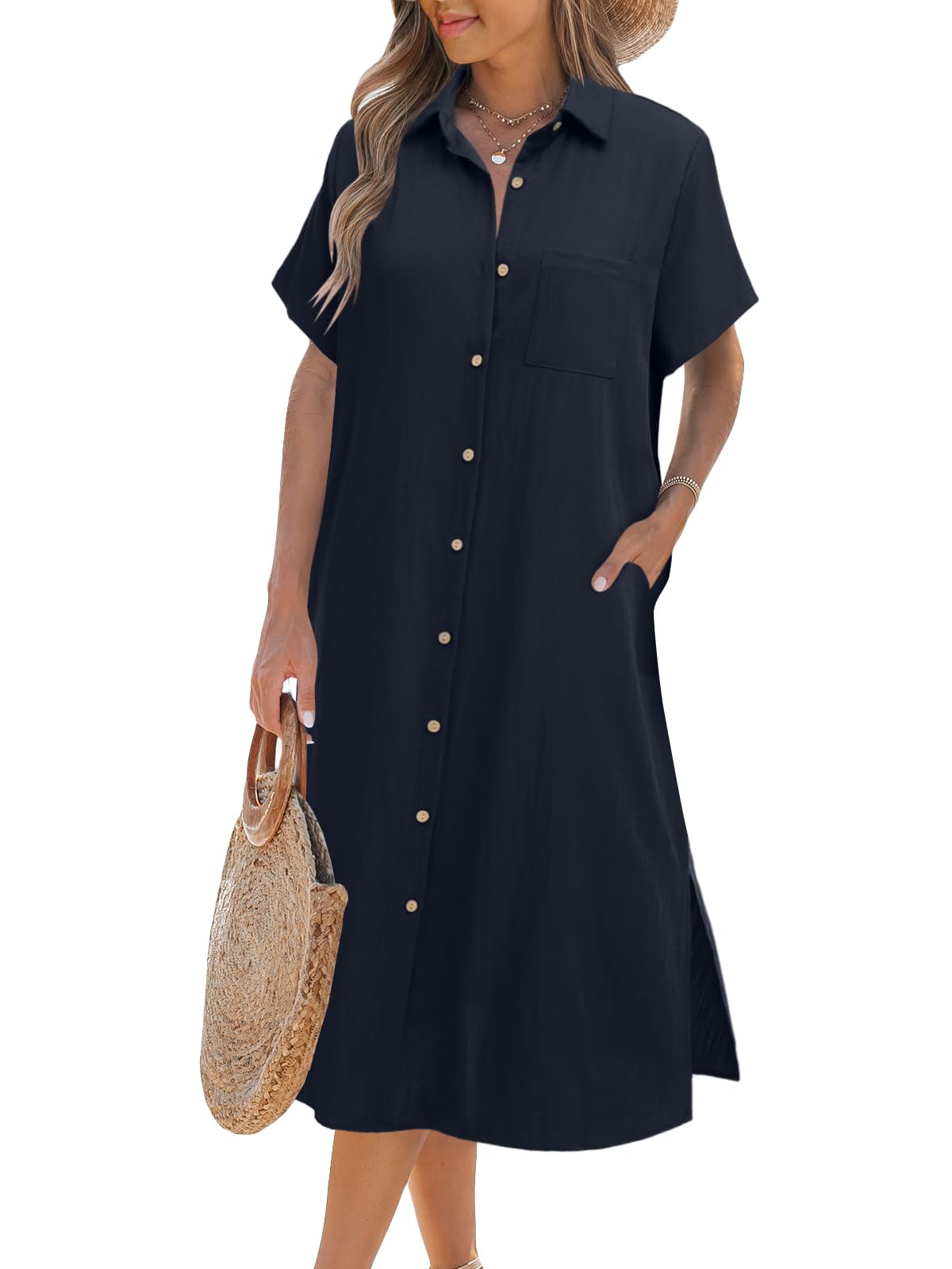 ✨KAUFE 2 – KOSTENLOSER VERSAND✨Kurzärmeliges Damen-Hemdblusenkleid mit Knopfleiste