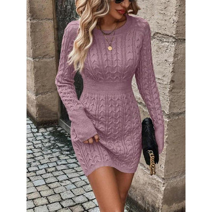 ⏰💃Letzter Tag: 50 % RABATT❄️🖤Einfarbiges, figurbetontes Damen-Winterkleid aus Strick mit Rundhalsausschnitt und Zopfmuster