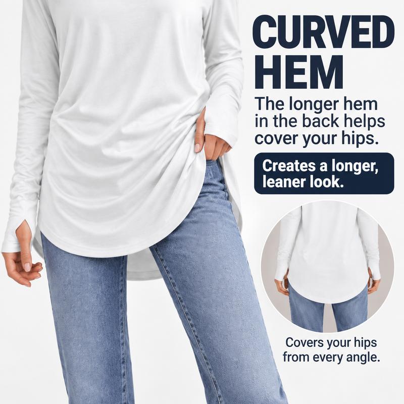 ✨Bestseller-50% RABATT💐Legeres Damen-Langarmshirt mit Rundhalsausschnitt, Daumenlöchern und abgerundetem Saum