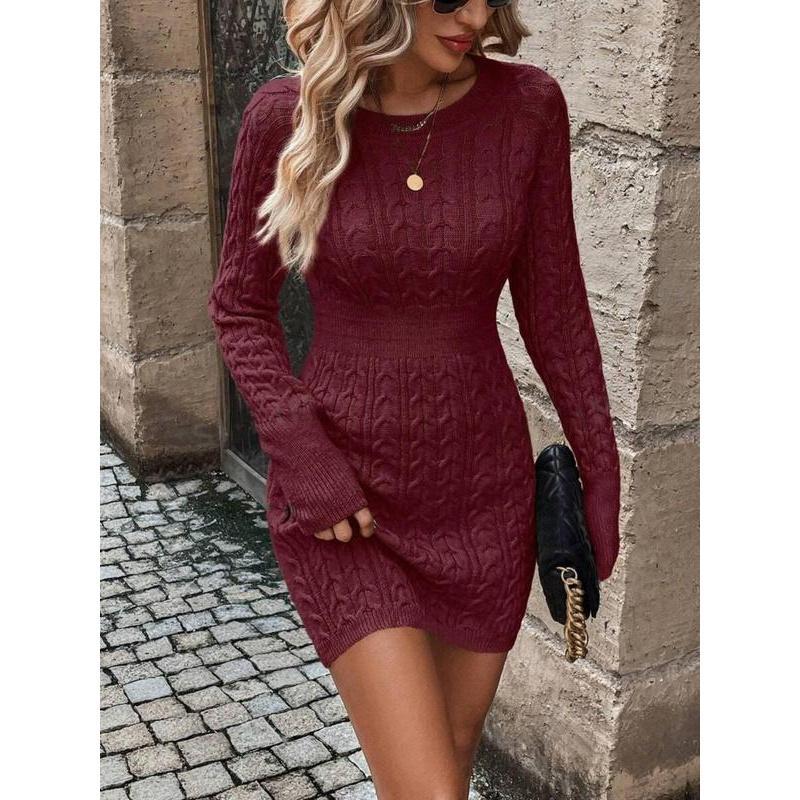 ⏰💃Letzter Tag: 50 % RABATT❄️🖤Einfarbiges, figurbetontes Damen-Winterkleid aus Strick mit Rundhalsausschnitt und Zopfmuster
