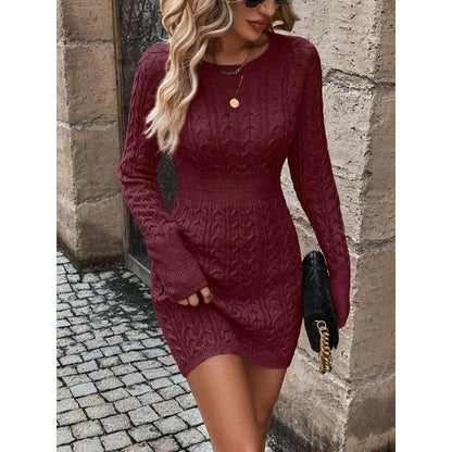 ⏰💃Letzter Tag: 50 % RABATT❄️🖤Einfarbiges, figurbetontes Damen-Winterkleid aus Strick mit Rundhalsausschnitt und Zopfmuster