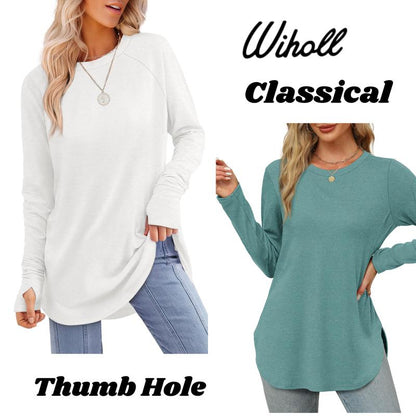 ✨Bestseller-50% RABATT💐Legeres Damen-Langarmshirt mit Rundhalsausschnitt, Daumenlöchern und abgerundetem Saum