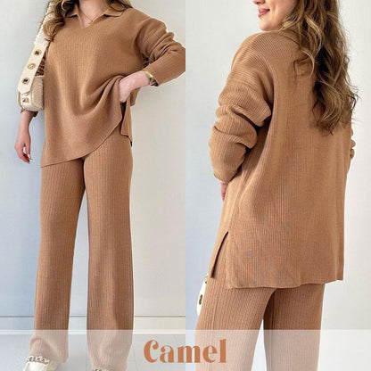 🍂Nur für kurze Zeit 50 % RABATT🍂Lässiges zweiteiliges Strickset mit V-Ausschnitt und Schlitz ✈️ Kostenloser Versand