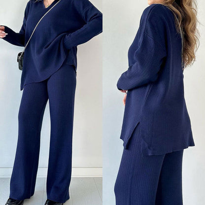 🍂Nur für kurze Zeit 50 % RABATT🍂Lässiges zweiteiliges Strickset mit V-Ausschnitt und Schlitz ✈️ Kostenloser Versand