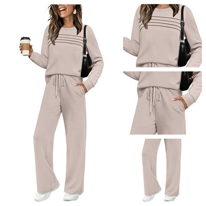 🔥LETZTER TAG – 60% RABATT👍✨Damen-Set mit Rundhals-Oberteil und Hose mit Kordelzug