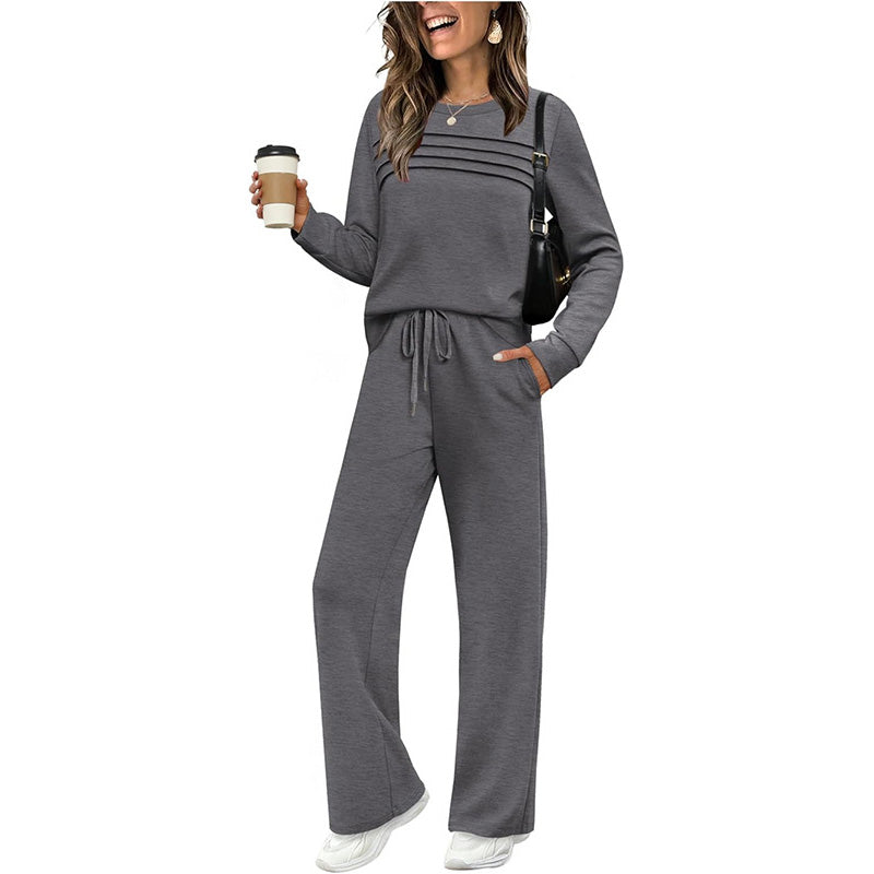 🔥LETZTER TAG – 60% RABATT👍✨Damen-Set mit Rundhals-Oberteil und Hose mit Kordelzug