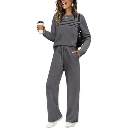 🔥LETZTER TAG – 60% RABATT👍✨Damen-Set mit Rundhals-Oberteil und Hose mit Kordelzug