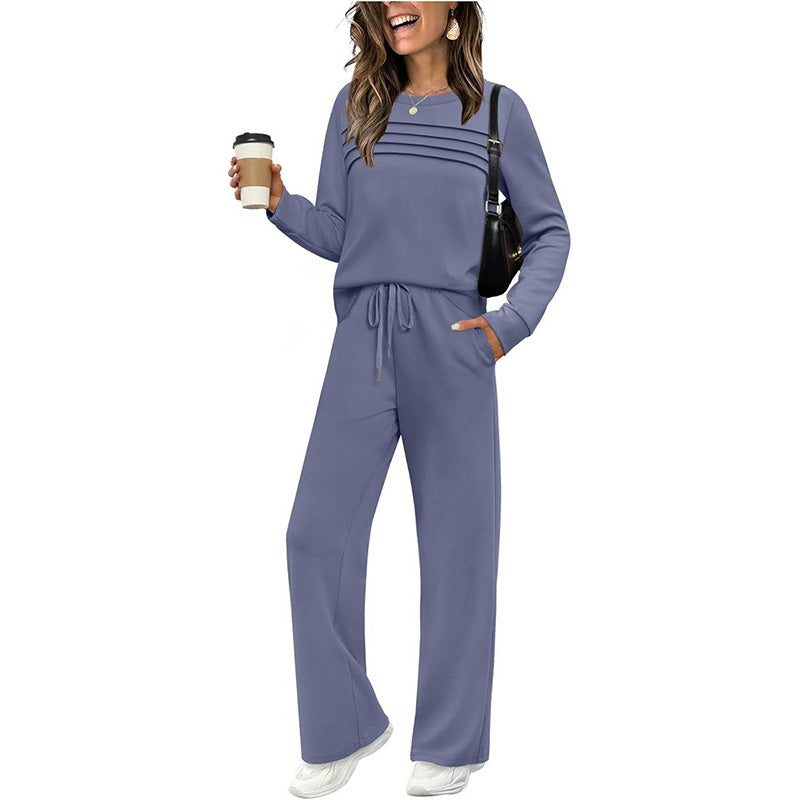 🔥LETZTER TAG – 60% RABATT👍✨Damen-Set mit Rundhals-Oberteil und Hose mit Kordelzug