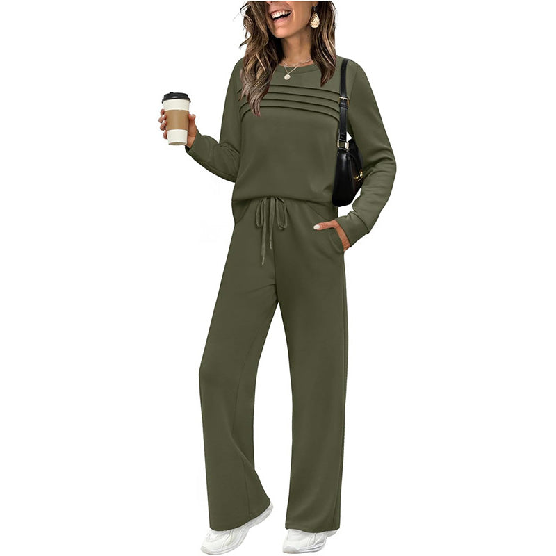 🔥LETZTER TAG – 60% RABATT👍✨Damen-Set mit Rundhals-Oberteil und Hose mit Kordelzug
