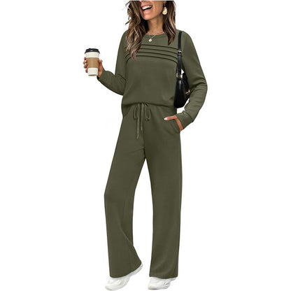 🔥LETZTER TAG – 60% RABATT👍✨Damen-Set mit Rundhals-Oberteil und Hose mit Kordelzug
