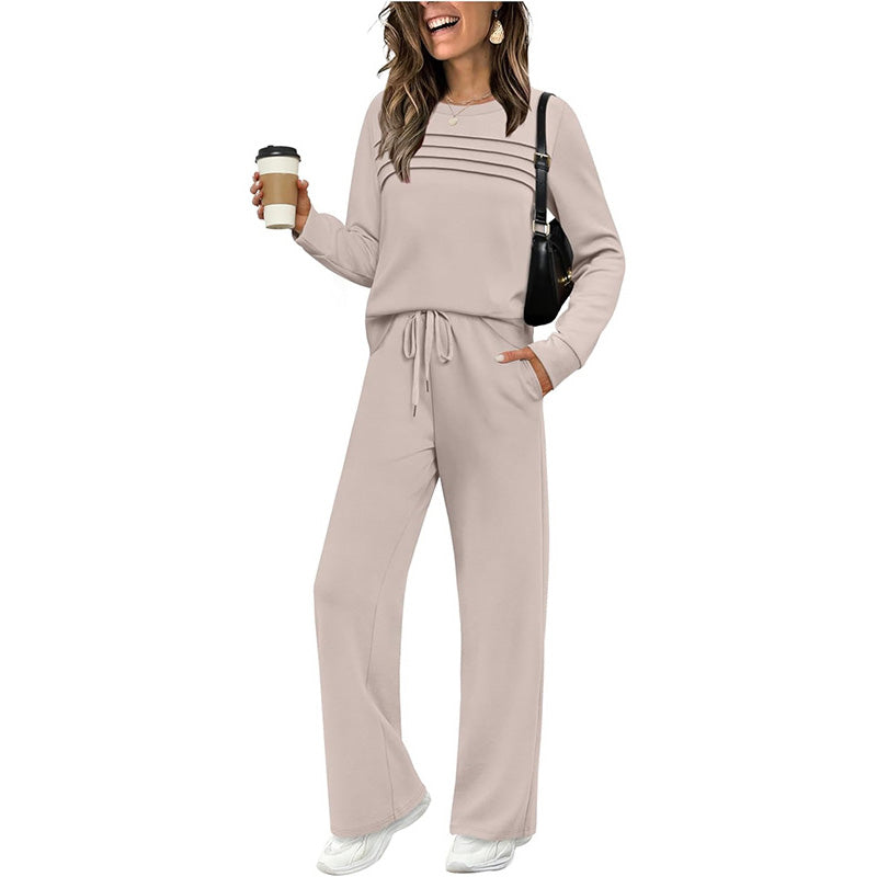 🔥LETZTER TAG – 60% RABATT👍✨Damen-Set mit Rundhals-Oberteil und Hose mit Kordelzug