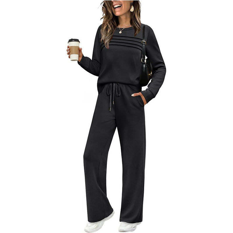 🔥LETZTER TAG – 60% RABATT👍✨Damen-Set mit Rundhals-Oberteil und Hose mit Kordelzug
