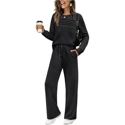 🔥LETZTER TAG – 60% RABATT👍✨Damen-Set mit Rundhals-Oberteil und Hose mit Kordelzug