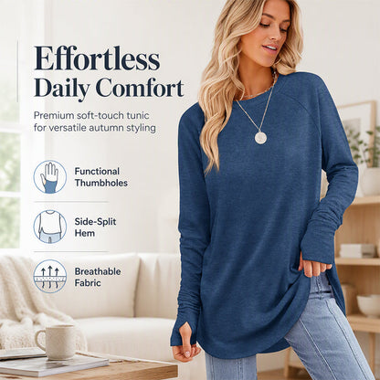 ✨Bestseller-50% RABATT💐Legeres Damen-Langarmshirt mit Rundhalsausschnitt, Daumenlöchern und abgerundetem Saum