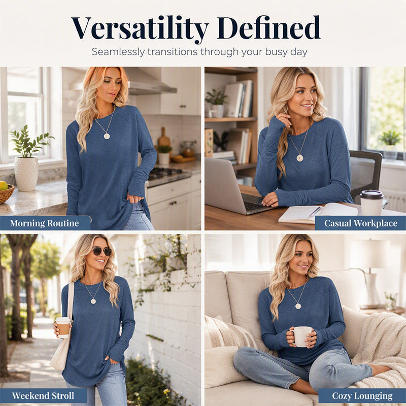 ✨Bestseller-50% RABATT💐Legeres Damen-Langarmshirt mit Rundhalsausschnitt, Daumenlöchern und abgerundetem Saum