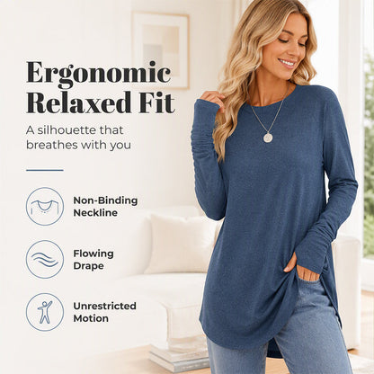 ✨Bestseller-50% RABATT💐Legeres Damen-Langarmshirt mit Rundhalsausschnitt, Daumenlöchern und abgerundetem Saum