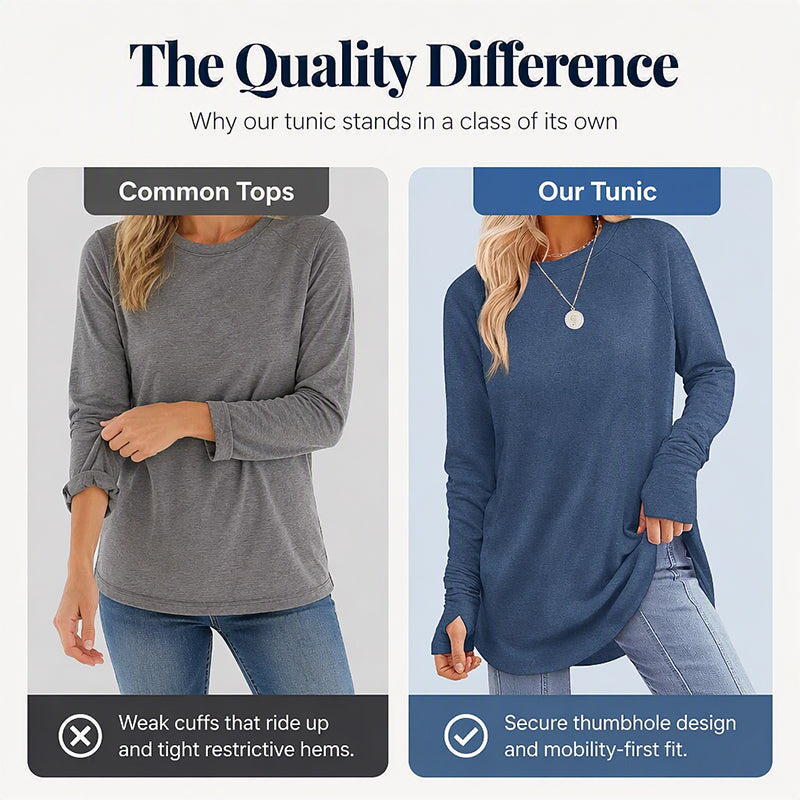 ✨Bestseller-50% RABATT💐Legeres Damen-Langarmshirt mit Rundhalsausschnitt, Daumenlöchern und abgerundetem Saum