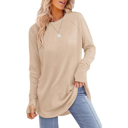 ✨Bestseller-50% RABATT💐Legeres Damen-Langarmshirt mit Rundhalsausschnitt, Daumenlöchern und abgerundetem Saum