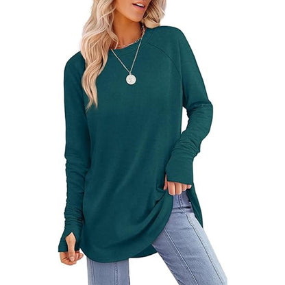 ✨Bestseller-50% RABATT💐Legeres Damen-Langarmshirt mit Rundhalsausschnitt, Daumenlöchern und abgerundetem Saum