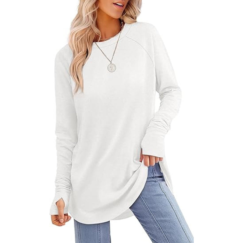 ✨Bestseller-50% RABATT💐Legeres Damen-Langarmshirt mit Rundhalsausschnitt, Daumenlöchern und abgerundetem Saum
