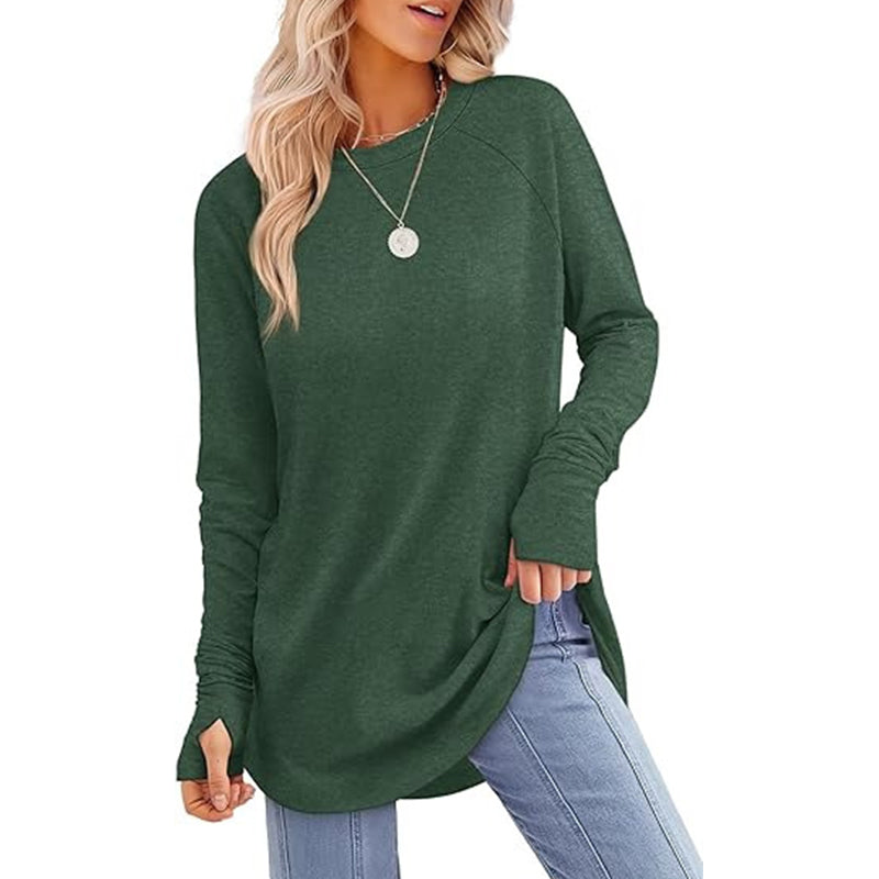 ✨Bestseller-50% RABATT💐Legeres Damen-Langarmshirt mit Rundhalsausschnitt, Daumenlöchern und abgerundetem Saum