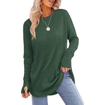 ✨Bestseller-50% RABATT💐Legeres Damen-Langarmshirt mit Rundhalsausschnitt, Daumenlöchern und abgerundetem Saum