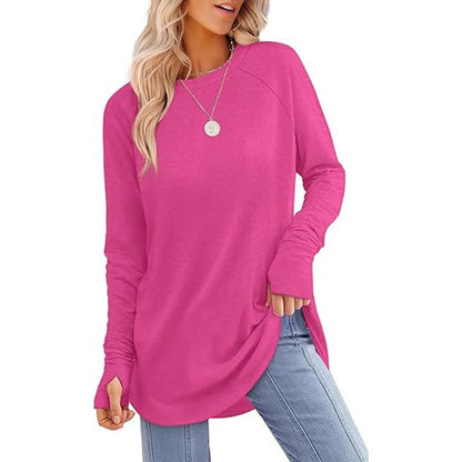 ✨Bestseller-50% RABATT💐Legeres Damen-Langarmshirt mit Rundhalsausschnitt, Daumenlöchern und abgerundetem Saum