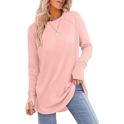 ✨Bestseller-50% RABATT💐Legeres Damen-Langarmshirt mit Rundhalsausschnitt, Daumenlöchern und abgerundetem Saum