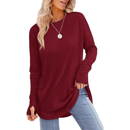 ✨Bestseller-50% RABATT💐Legeres Damen-Langarmshirt mit Rundhalsausschnitt, Daumenlöchern und abgerundetem Saum